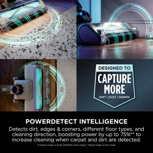 Shark PowerDetect Clean & Empty Cordless Vacuum Cleaner with up to 70 Minutes Run Time - White / Java Grey - Annotation - PowerDetect intelligence