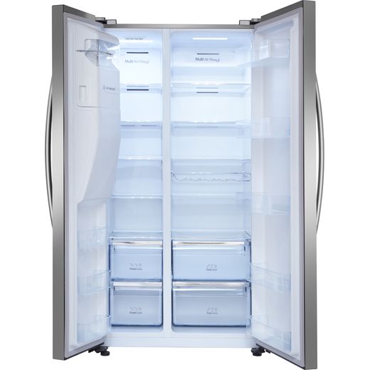 Hisense American Fridge Freezer - Stainless Steel - Front door open with lights on shot