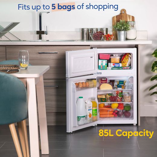 Russell Hobbs Under-Counter Fridge Freezer in White - Annotation - Fit 5 nags of shopping in shot