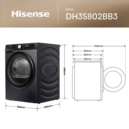 Hisense 3S Series DH3S802BB3 Wifi Connected 8Kg Heat Pump Tumble Dryer - Black - Dimensions