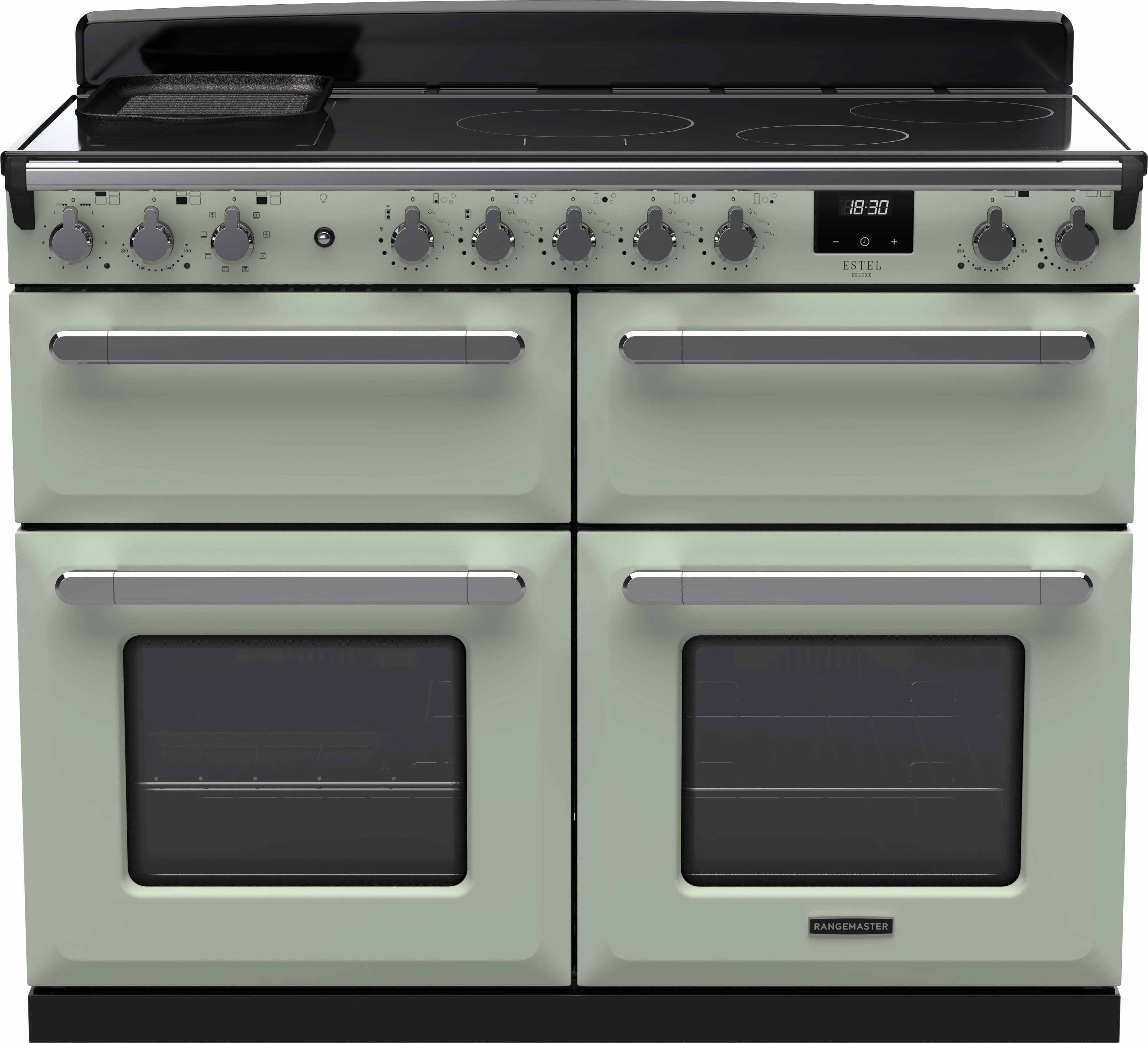 Image of Rangemaster Estel Deluxe ESDLB110EIPMNT/CM1 110cm wide Electric Range Cooker with Induction Hob - Mint / Chrome - A Rated, Green