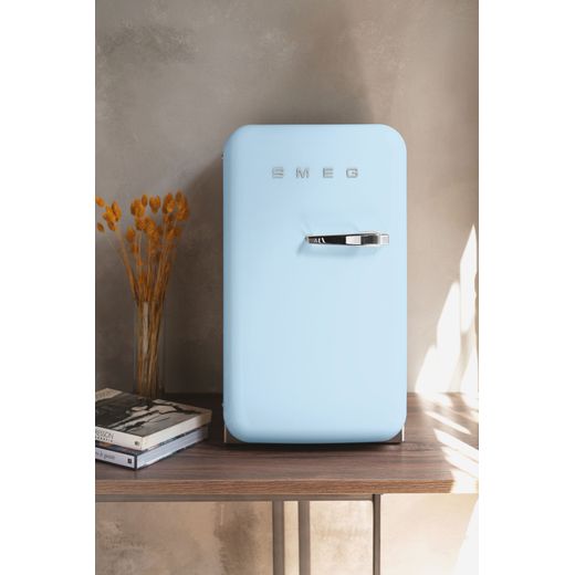 Smeg 50s Style Left Hand Hinged Minibar FAB5LPB6 72cm High Fridge - Pastel Blue - Fridge on table shot