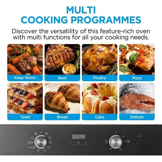 Midea Xpress Fry MBO65M90D2-BK Built In Electric Single Oven - Black - annotation - multi cooking programme shot