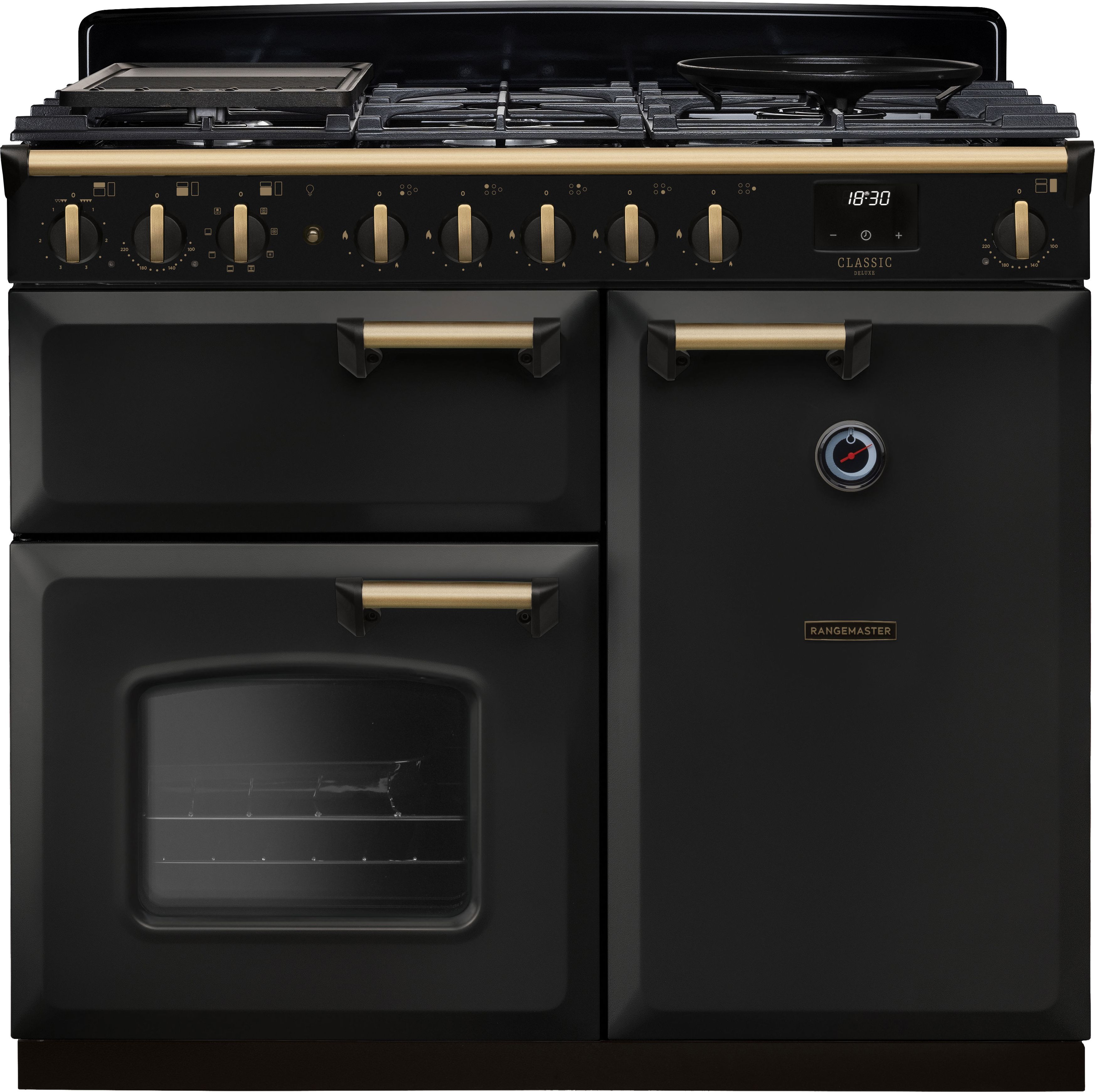 Image of Rangemaster Classic Deluxe 100 Dual Fuel CLDL100DFPCBL/AB1 100cm wide Dual Fuel Range Cooker with Gas Hob - Charcoal Black / Antique Brass - A Rated, Black