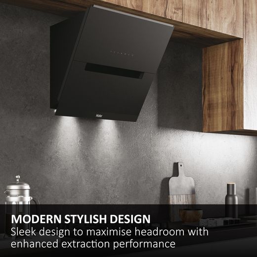 Haier I-Link HADG6CBS4BWIFI Wifi Connected 60cm Angled Chimney Cooker Hood - Black - Annotation - Sleek design shot