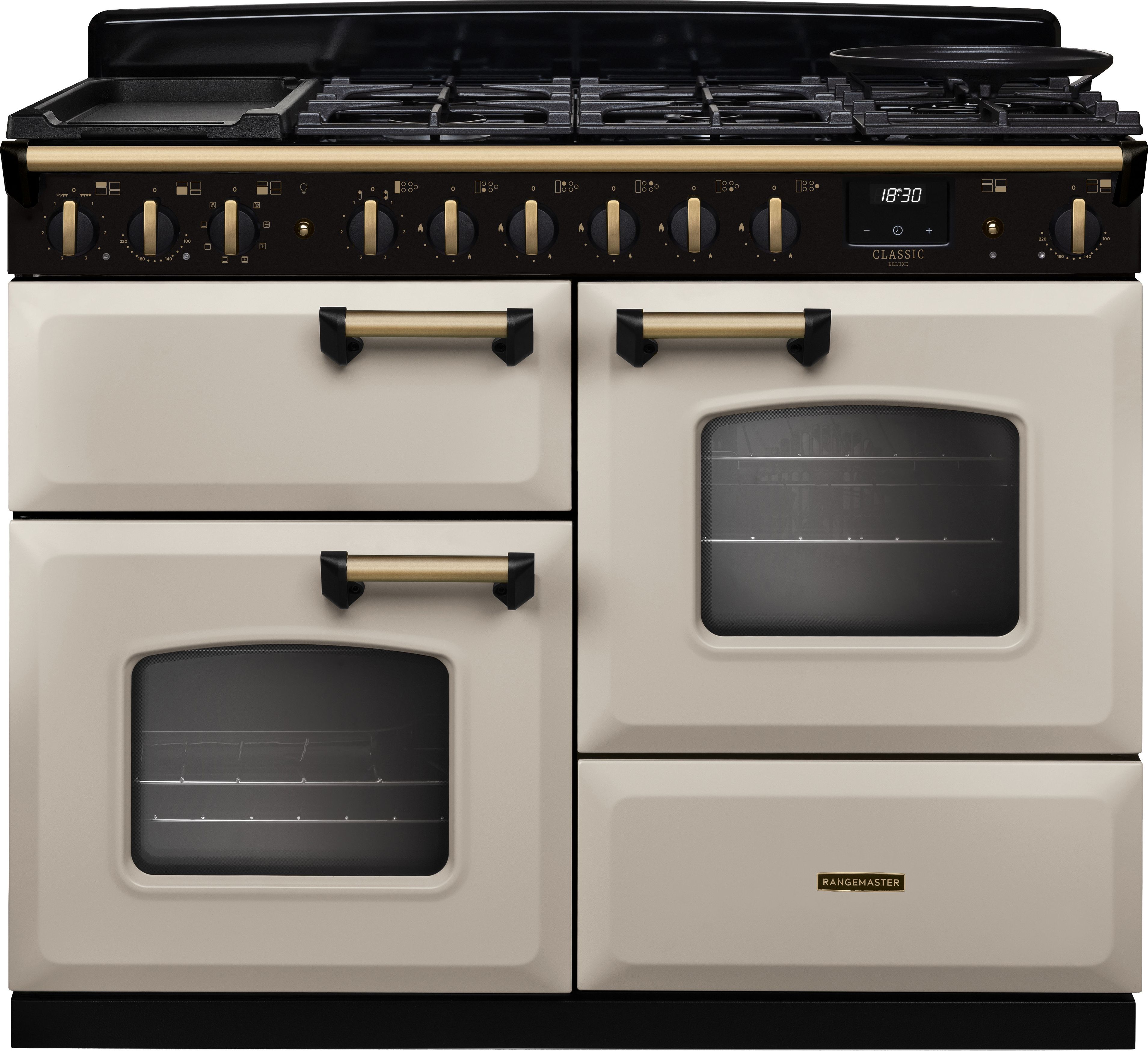 Image of Rangemaster Classic Deluxe 110 CLDLO110DFPPCR/AB1 110cm wide Dual Fuel Range Cooker with Gas Hob - Cream / Antique Brass - A Rated, Cream