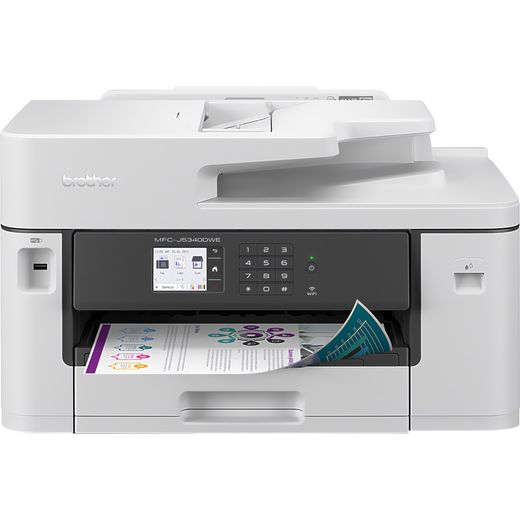 Brother MFC-J5340DWE Inkjet Printer - White - Front with paper shot