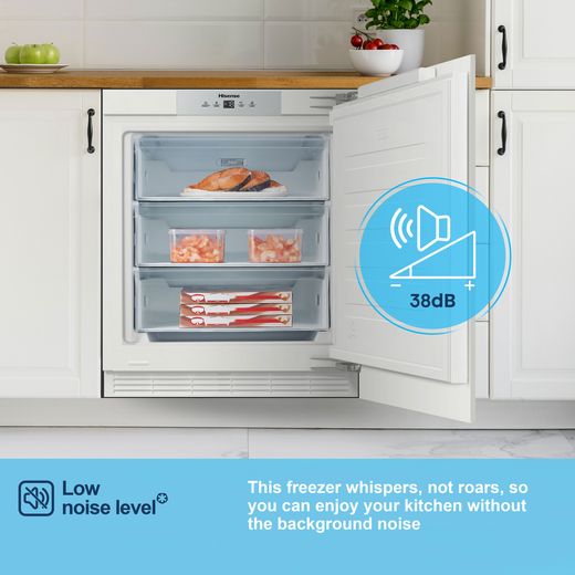 Fridgemaster Integrated Under Counter Freezer with Fixed Door Hinge Kit - annotation - low noise shot