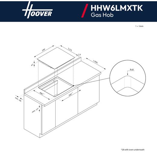 Hoover P HOT11XHHW6LMX Electric Single Oven and Gas Hob Pack - annotation - hob dimensions