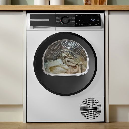 Bosch Series 6 WQH246D9GB 9Kg Heat Pump Tumble Dryer - White - machine in kitchen shot