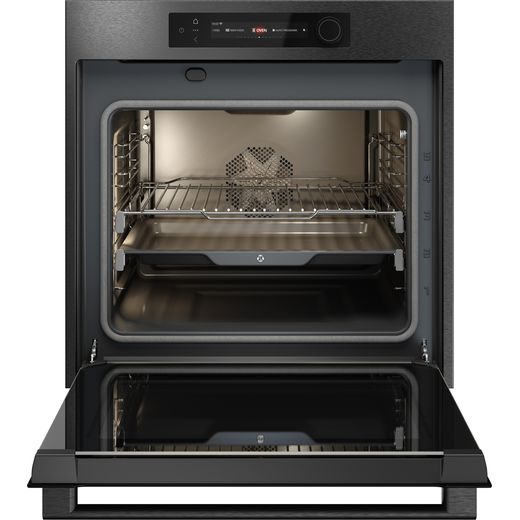 ASKO Craft Pyrolytic OTP66BSH Wifi Connected Built In Electric Single Oven - Black Steel - Front with door open shot