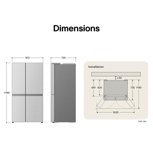 LG NatureFRESH™ American Fridge Freezer - Prime Silver - Dimensions