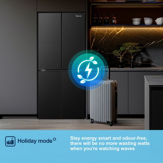 Fridgemaster American Cross Door American Fridge Freezer - Black - Annotation - Holiday mode
