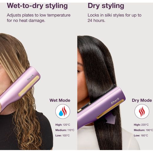 Shark SilkiPro Straight HT401UKPU Hair Straighteners - Plum Satin - annotation - wet and dry styling shot
