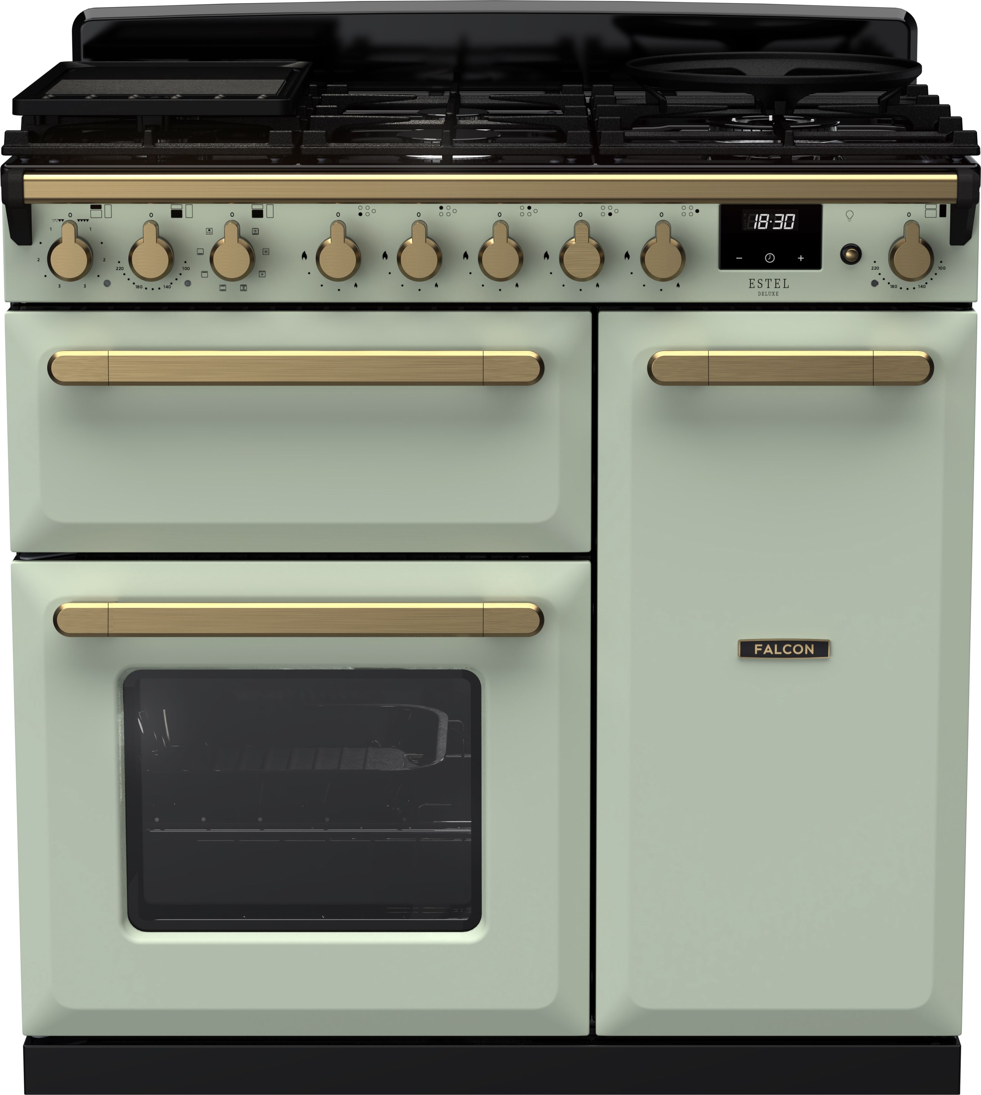 Image of Rangemaster Estel Deluxe ESDL90DFPMNT/AB1 90cm wide Dual Fuel Range Cooker with Gas Hob - Mint / Antique Brass - A/A Rated, Green