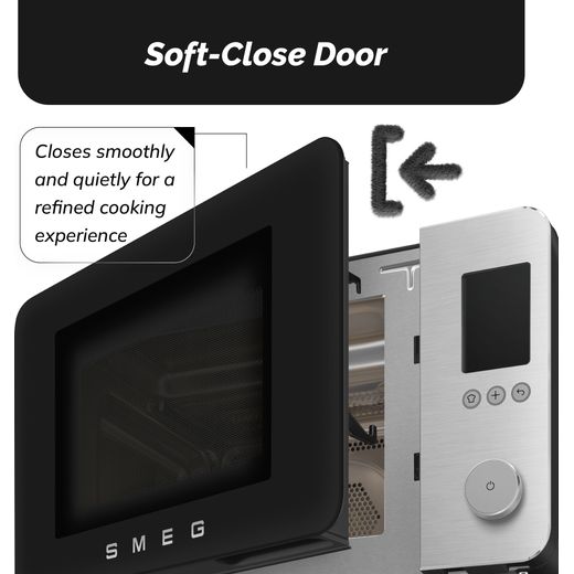 Smeg Collezione MOC02BLMUK 27 Litre 30cm High, Freestanding Small Combination Microwave Oven - Black - Annotation - soft close door