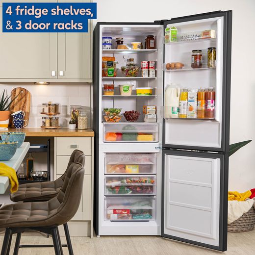 Russell Hobbs Frost Free Fridge Freezer - Black - Annotation - 4 fridge shelves and 3 door racks