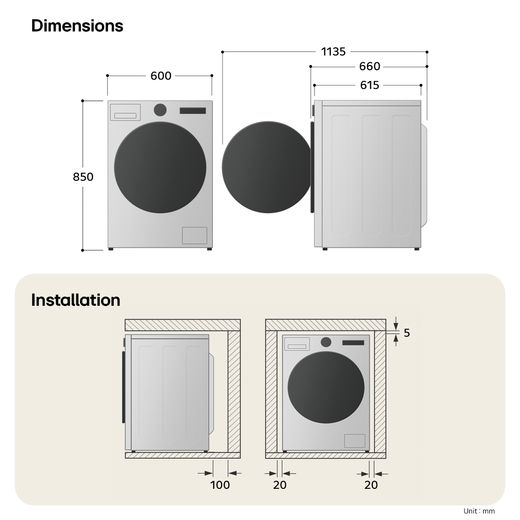 LG Series 7 AI Direct Drive™ F4X7013TWB 13kg WiFi Connected Washing Machine with 1400 rpm - White - Dimensions