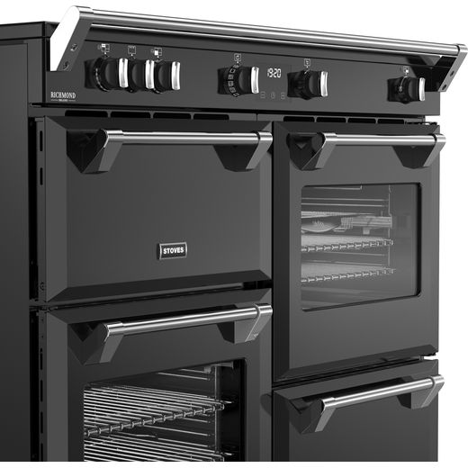Stoves Richmond Deluxe 110Ei ZLS 110cm Electric Range Cooker with Induction Hob - Black - Right close up perspective shot 