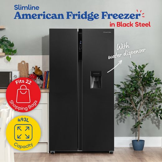 Russell Hobbs American Fridge Freezer - Black Steel - Annotation - 493L capacity
