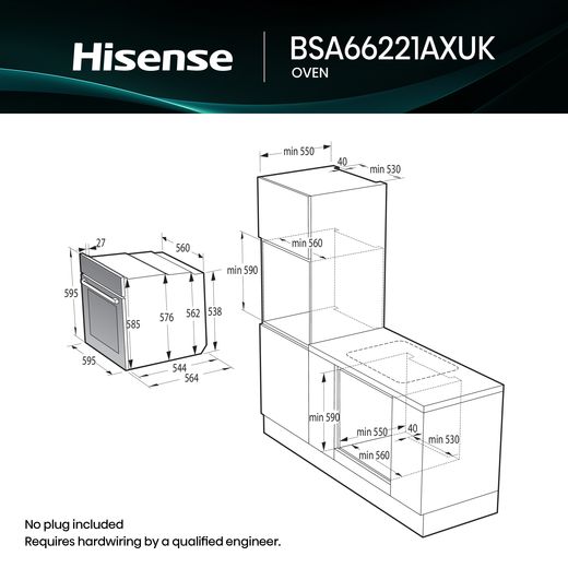 Hisense Hi4 BSA66221AXUK Built In Electric Single Oven - dimensions