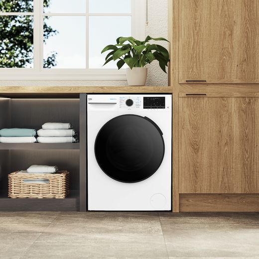 Beko BM5WT6943TW 9kg WiFi Connected Washing Machine with 1400 rpm - White - washing machine in utility room shot 