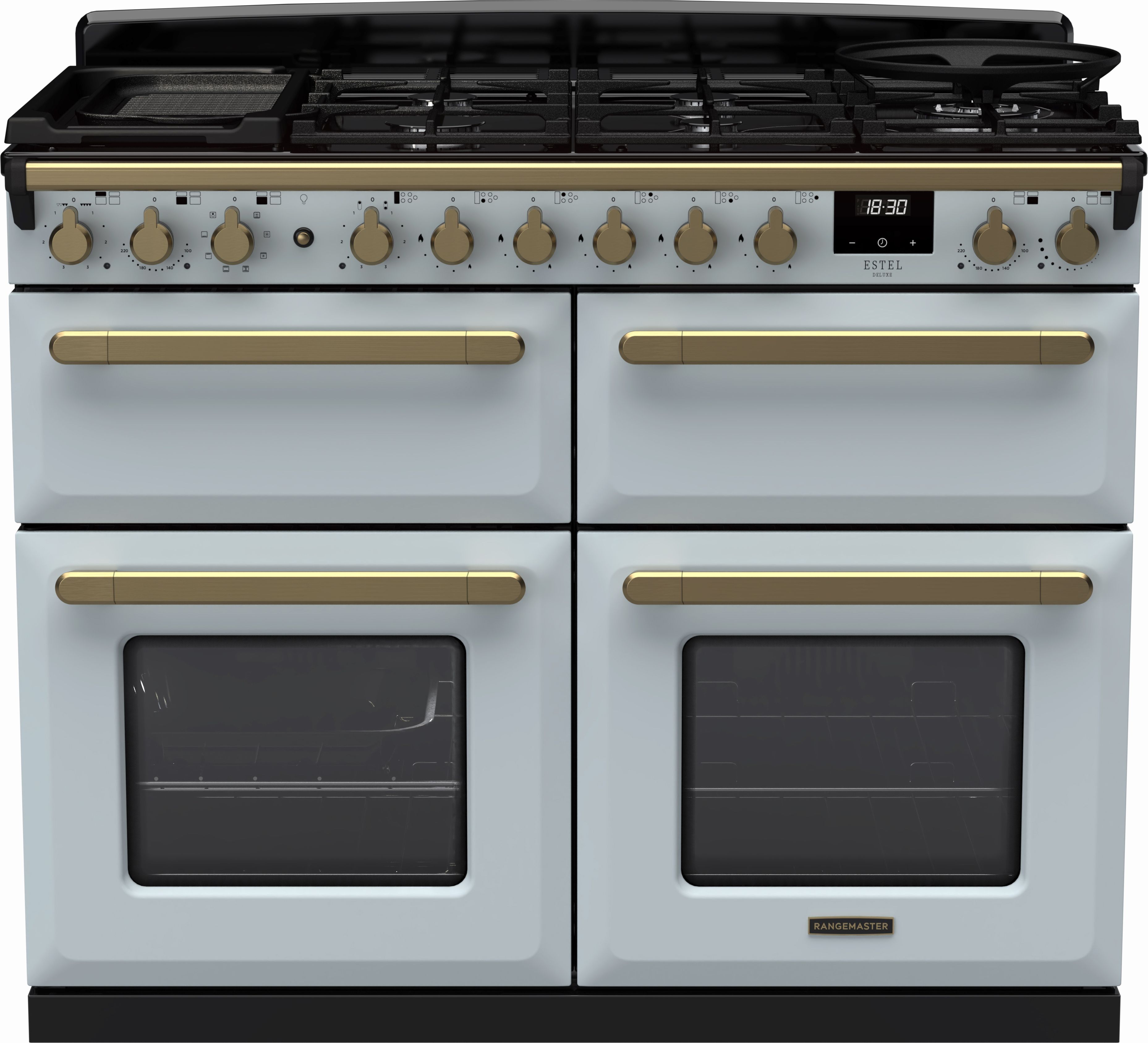 Image of Rangemaster Estel Deluxe ESDLB110DFPMSB/AB1 110cm wide Dual Fuel Range Cooker with Gas Hob - Misty Blue / Antique Brass - A/A Rated, Blue