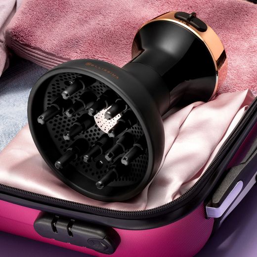 Bellissima Italia Ceramic Diffon Diffuser BEL11887 Hot Air Styler - Black - Diffuser in suitcase shot