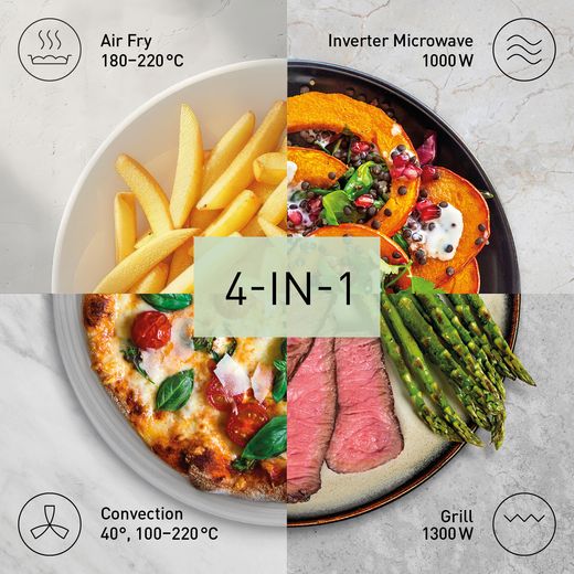 Panasonic 4-in-1 Air Fry NN-CD88QSBPQ 34 Litre 34cm High, Freestanding Combination Microwave Oven - Stainless Steel - annotation - 4 in one shot 