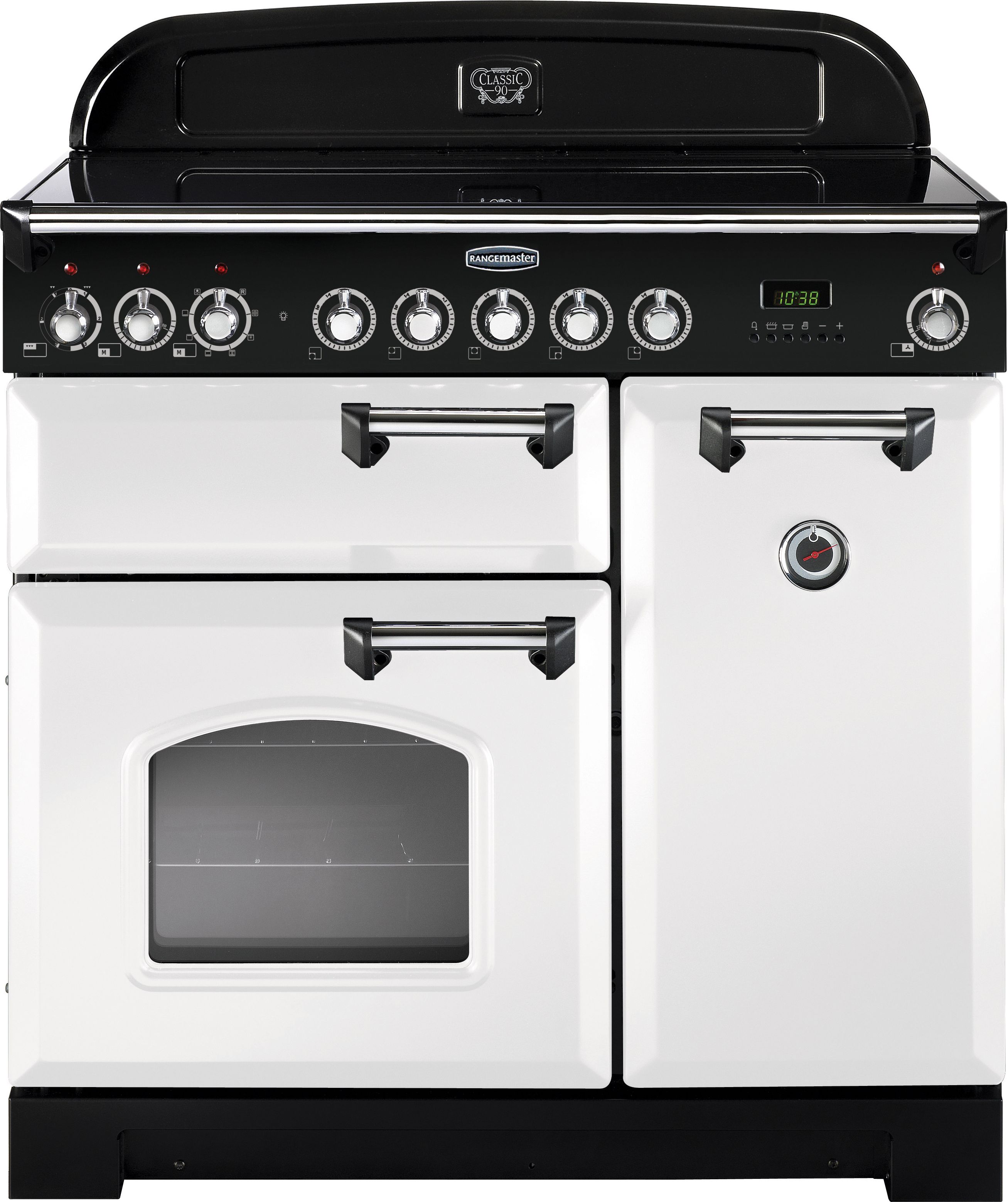 Rangemaster Classic Deluxe CDL90ECWH/C 90cm Electric Range Cooker with Ceramic Hob - White / Chrome - A/A Rated, White