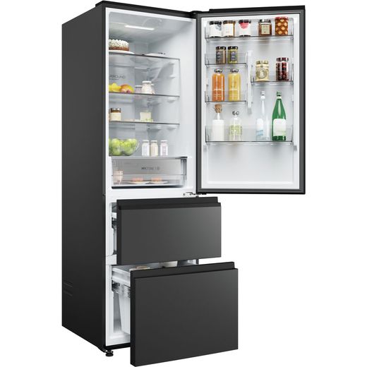 Haier 3D 60 Series 3 HTW3618ENPB Wifi Connected 185cm High 60/40 No Frost Fridge Freezer - Slate Black - Right perspective with door open shot