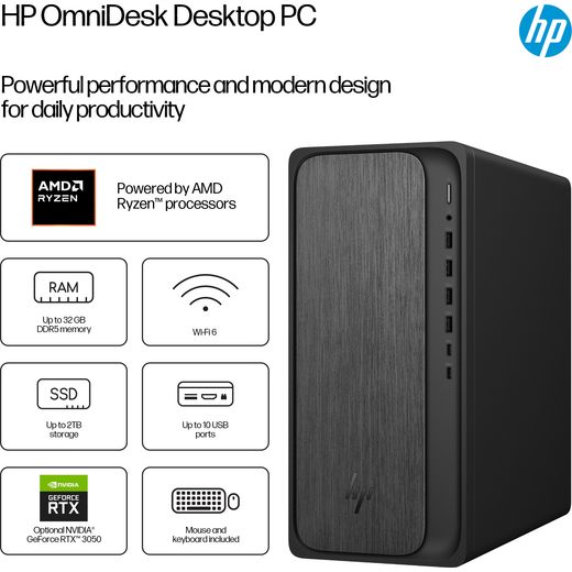 HP OmniDesk M02-0006na Tower - AMD Ryzen™ 5, 512GB SSD 2025 - Gray Wood - Annotation - Features
