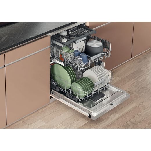 Hotpoint Fully Integrated Standard Dishwasher - White with Fixed Door Hinge Kit - Door open racks out