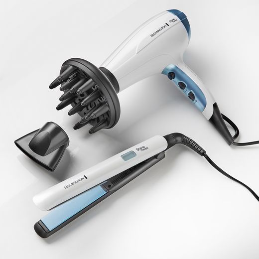 Remington S8500 Hair Straighteners - White / Blue - Straighter next to hair dryer