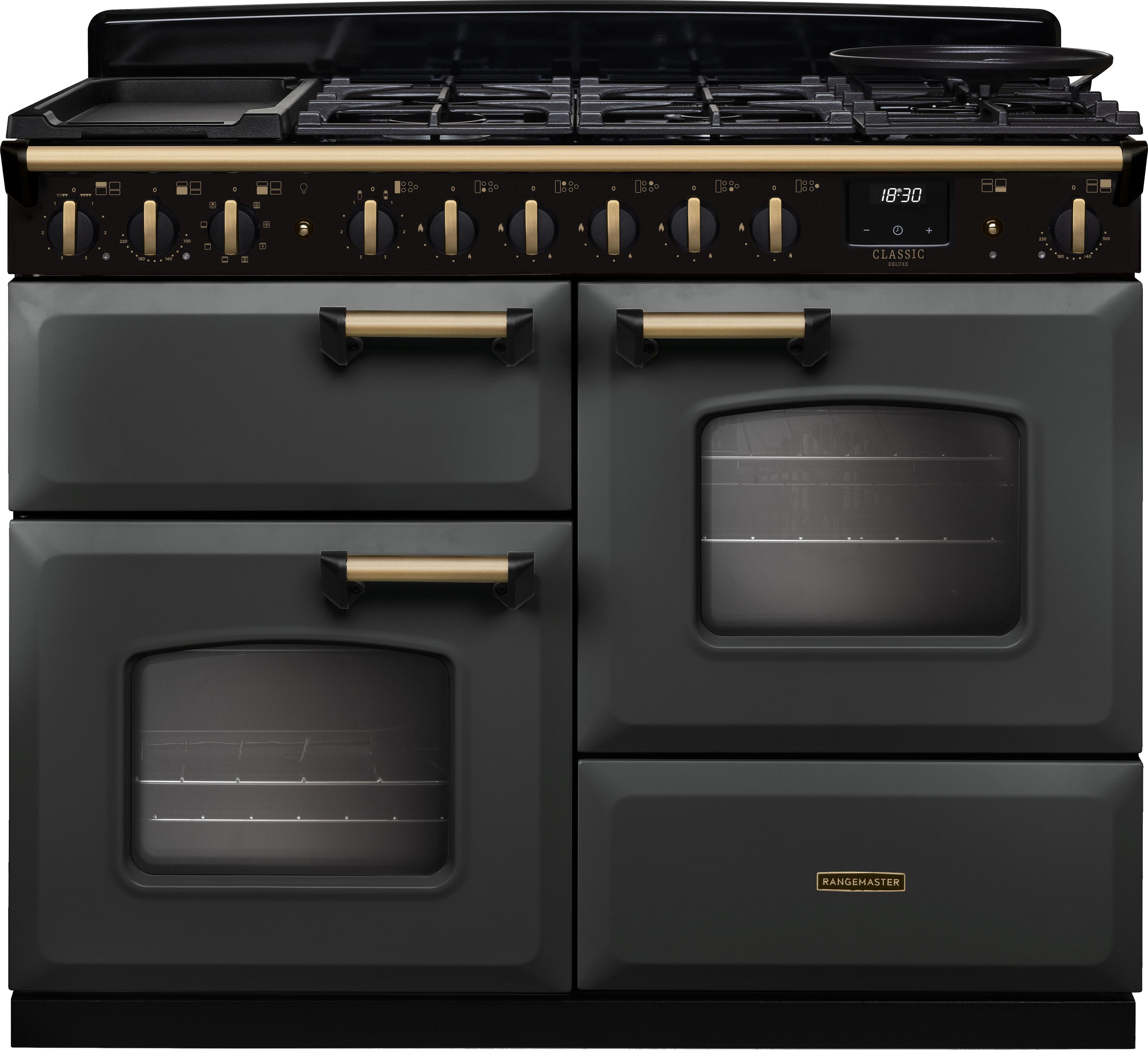 Image of Rangemaster Classic Deluxe 110 CLDLO110DFPSLT/AB1 110cm wide Dual Fuel Range Cooker with Gas Hob - Slate / Antique Brass - A Rated, Grey