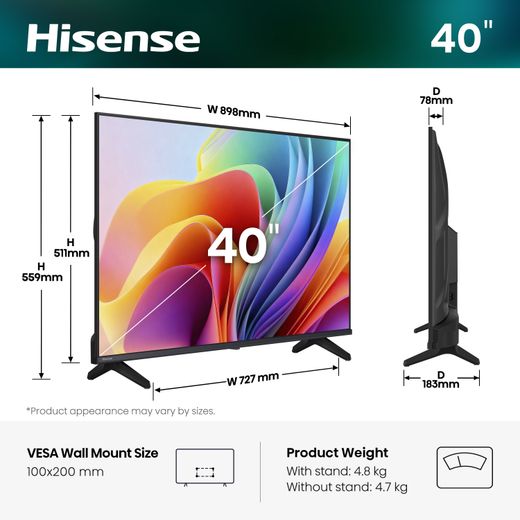 Hisense 40" HD Smart Freely TV [2026] - Dimensions