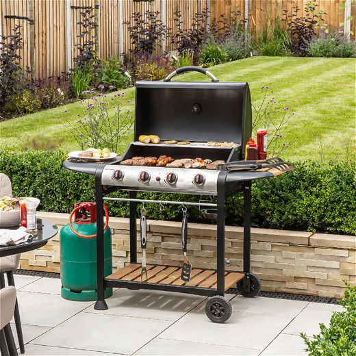 George Foreman 4 Burner Gas Barbeque - Black / Wood - BBQ cooking food shot