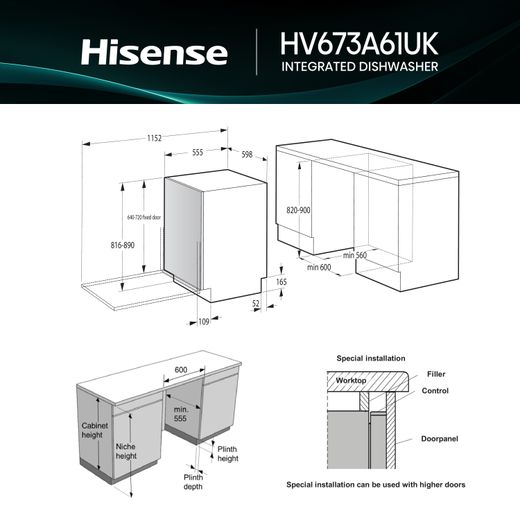 Hisense Fully Integrated Standard Dishwasher - Silver - Dimensions
