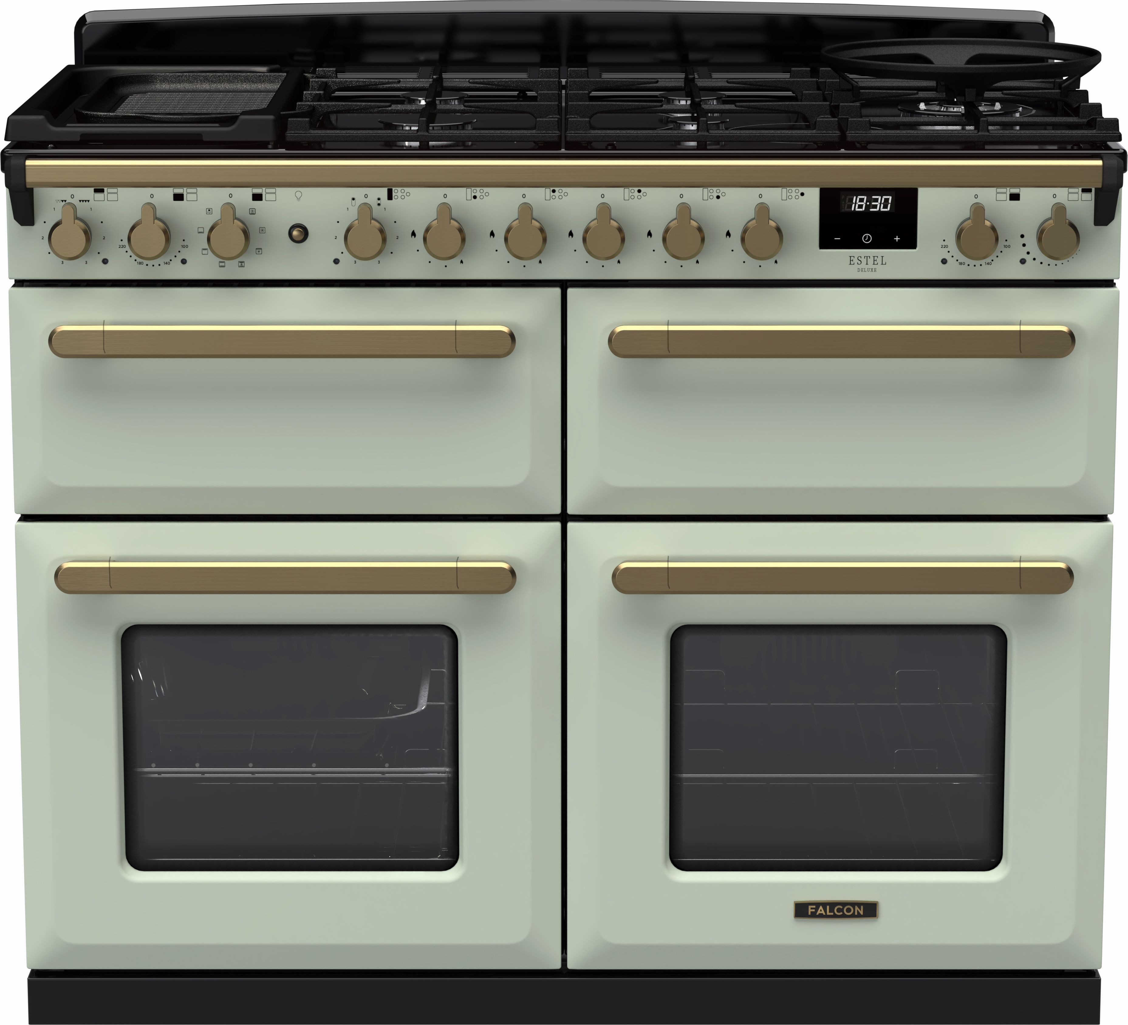 Image of Rangemaster Estel Deluxe ESDLB110DFPMNT/AB1 110cm wide Dual Fuel Range Cooker with Gas Hob - Mint / Antique Brass - A/A Rated, Green