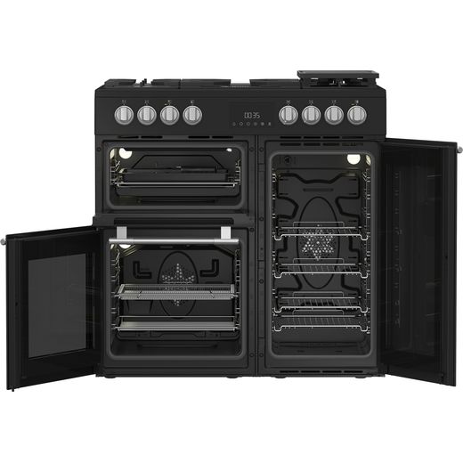 Hotpoint RH90FA20B 90cm wide Dual Fuel Range Cooker with Gas Hob - Black- front with door open shot