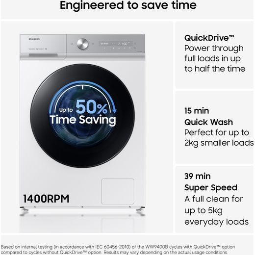 Samsung Series 8 AI Energy ecobubble™ WW11DB8B95GHU1 11kg WiFi Connected Washing Machine with 1400 rpm - White - Annotation - Engineered to save time
