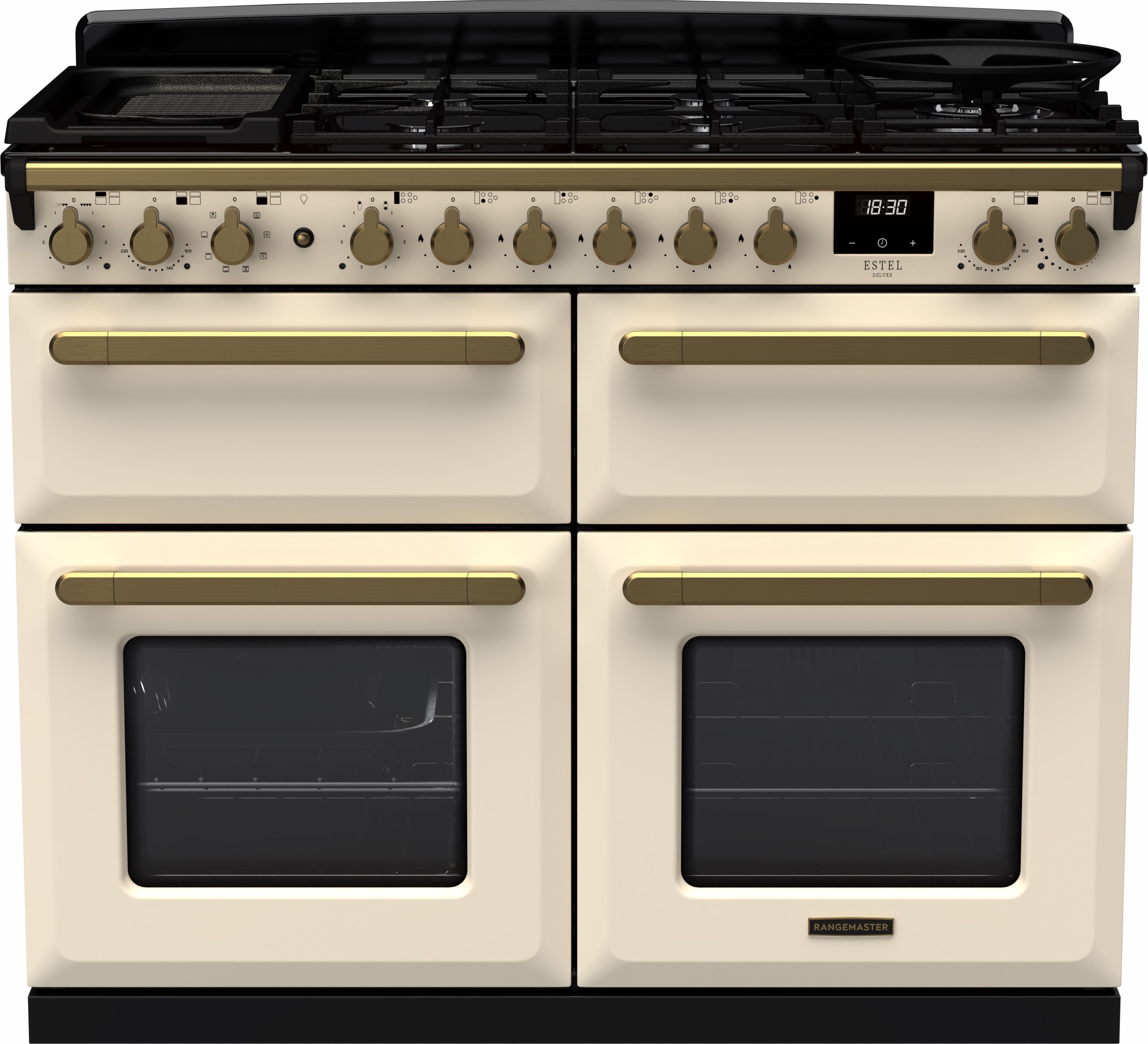 Image of Rangemaster Estel Deluxe ESDLB110DFPPCR/AB1 110cm wide Dual Fuel Range Cooker with Gas Hob - Cream / Antique Brass - A/A Rated, Cream