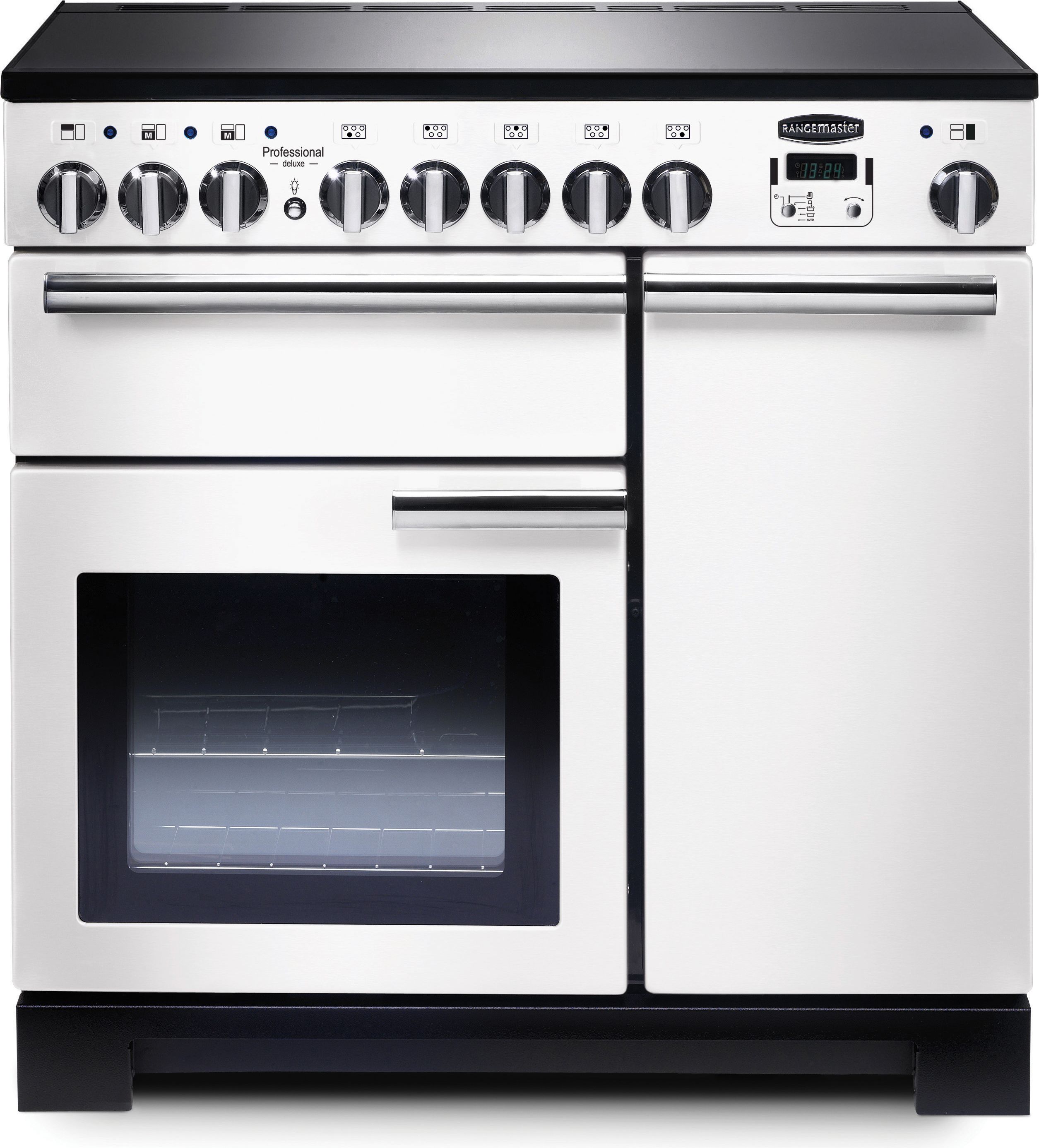 Rangemaster Professional Deluxe PDL90EIWH/C 90cm Electric Range Cooker with Induction Hob - White / Chrome - A/A Rated, White