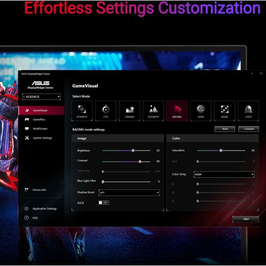 ASUS ROG Strix XG32WCS Quad HD 31.5" Gaming Monitor with AMD FreeSync - Black - Annotation -Setting customization shot