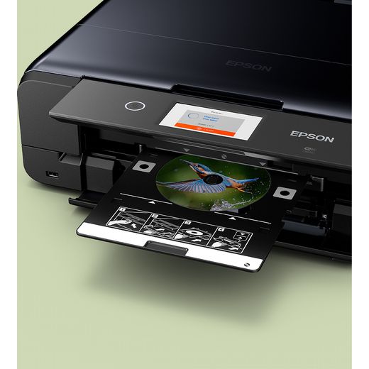 Epson Wireless Inkjet Printer - Black - lifestyle - Printer printing a picture of a bird onto a CD