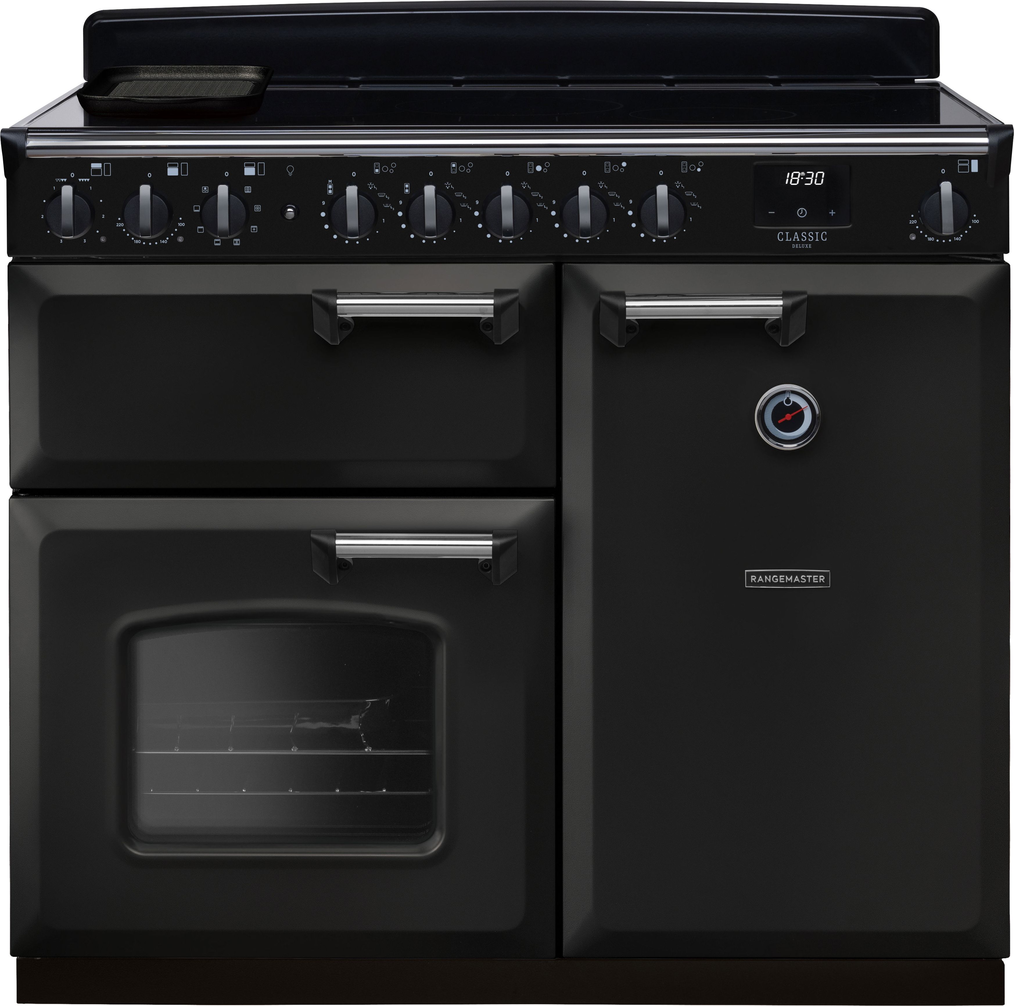 Image of Rangemaster Classic Deluxe CLDL100EIPCBL/CM1 100cm wide Electric Range Cooker with Induction Hob - Charcoal Black / Chrome - A/A Rated, Black