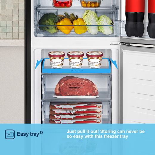 Fridgemaster MC55251DB 182cm 50/50 Frost Free Fridge Freezer - Black - Annotation - Easy tray shot