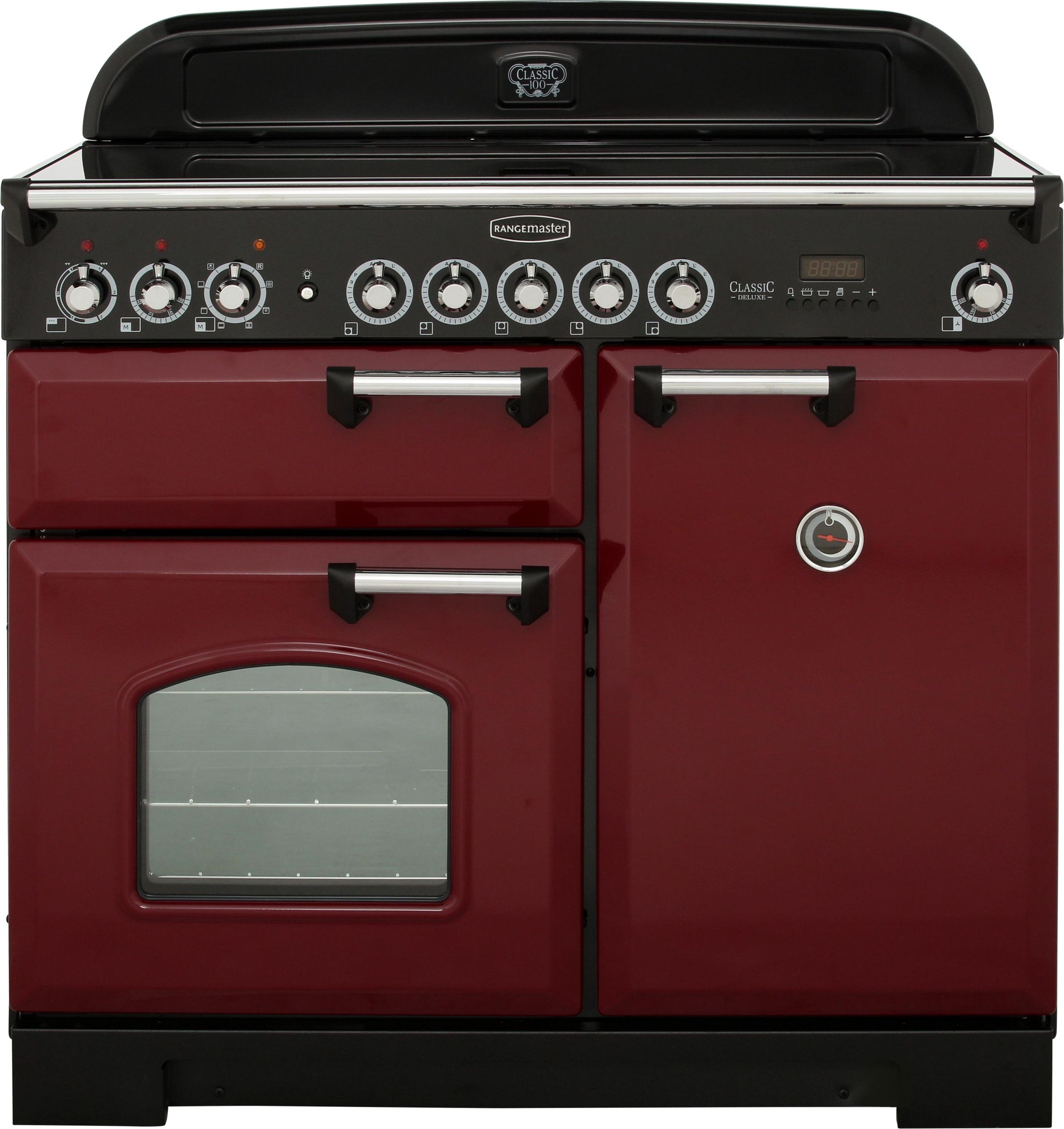 Rangemaster Classic Deluxe CDL100EICY/C 100cm Electric Range Cooker with Induction Hob - Cranberry / Chrome - A/A Rated, Red