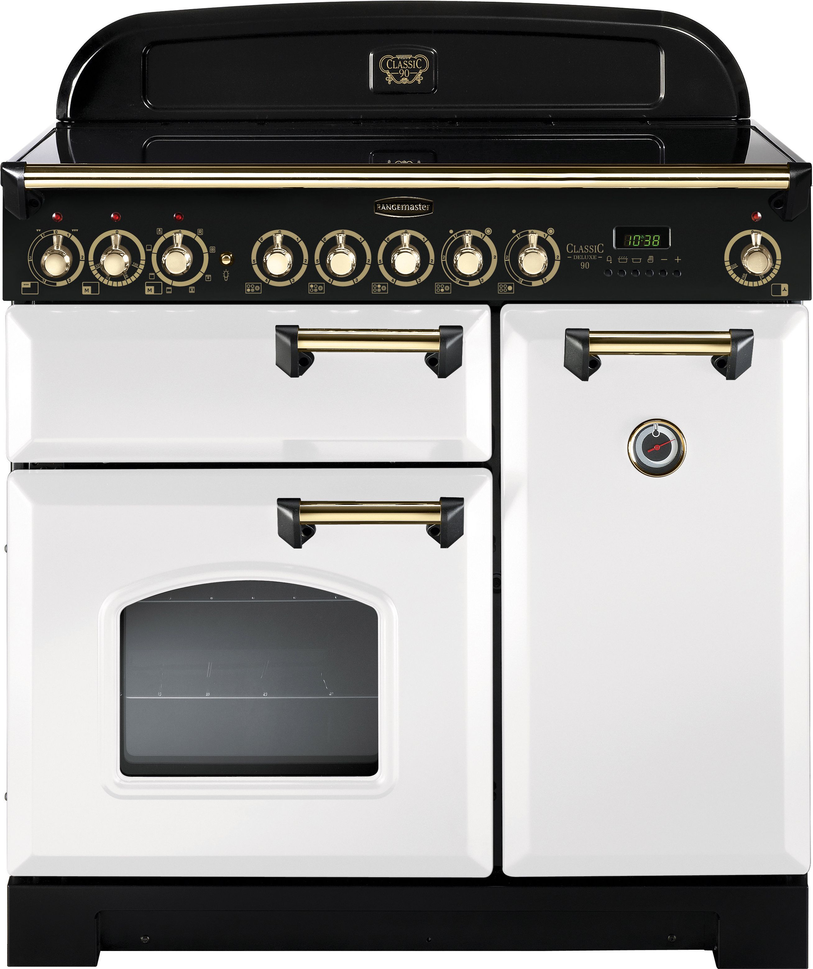 Rangemaster Classic Deluxe CDL90ECWH/B 90cm Electric Range Cooker with Ceramic Hob - White / Brass - A/A Rated, White