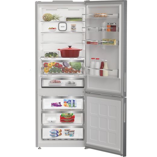 Hotpoint HPK2 6493 XP5UK V 192cm Frost Free Fridge Freezer - Brushed Steel - front with door open shot